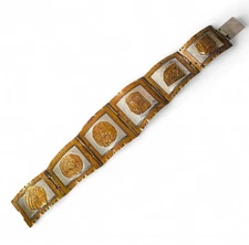 Taxco Mexican Inca Aztec Mayan Panel 925 Sterling Silver & Brass Bracelet 6.5 in