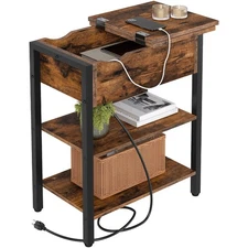 End Table with Charging Station, Narrow Side Table, Flip Top Nightstand with ...