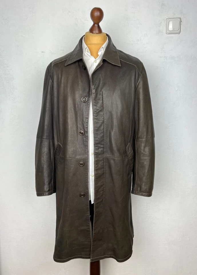 GIMOS Dark-Brown Soft Leather Collared Single-Breasted Long Overcoat 40US50IT - Image 2 of 4