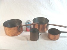 4 Antique 19C French Copper Handled Stock Pans & Cup