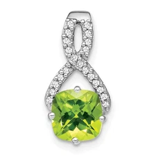 14k White Gold 7mm Cushion Peridot and Diamond Chain Slide Pendant 1.43gm