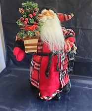 Rustic Lodge Santa Figurine 15” Plaid Coat Sled Tree Cardinal Cabin Christmas 
