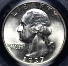 1937 S WASHINGTON QUARTER PCGS MS 63 CRISP WATERY SILVER LUSTER, WELL STRUCK