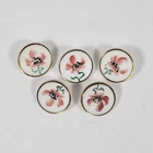 Vtg White Milk Glass 5 Buttons Hand Painted Flower Gilt Gold Rim Shank 7/8"