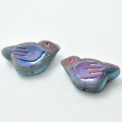11x22 mm Bird - 2 Beads - Matte Blue Metallic Volcano Wash - Czech Glass