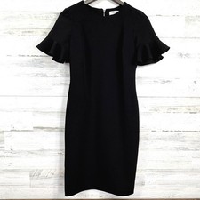 Calvin Klein Black Sheath Pencil Dress Women's Size 6 Ruffle Sleeve Career