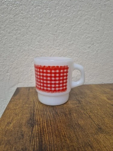 vintage Anchor Hocking Fire King Red Gingham Stacking Mug