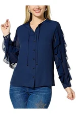 DG2 by Diane Gilman Women's Chiffon Ruffle-Slv Button-Up Blouse Navy