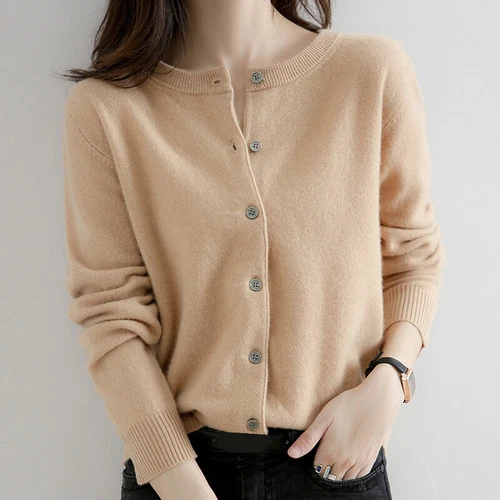Women's Cashmere Blend Sweater Solid Color Crew Neck Button Cardigan Jacket Coat - Bild 7 von 23