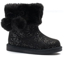 Jumping Beans Coco Black Sparkle Pom Pom Boots with Faux Fur Toddler Girl Size 6