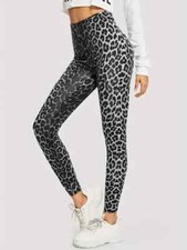 High Waist Gray Leopard Print Leggings for Women, Stretchy Slim Fit Pants