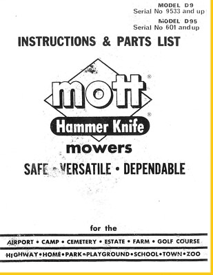 D9 D95 Mott Hammer Knife Belly Mower Owner's Manual for  IH Farmall Cub Tractor 