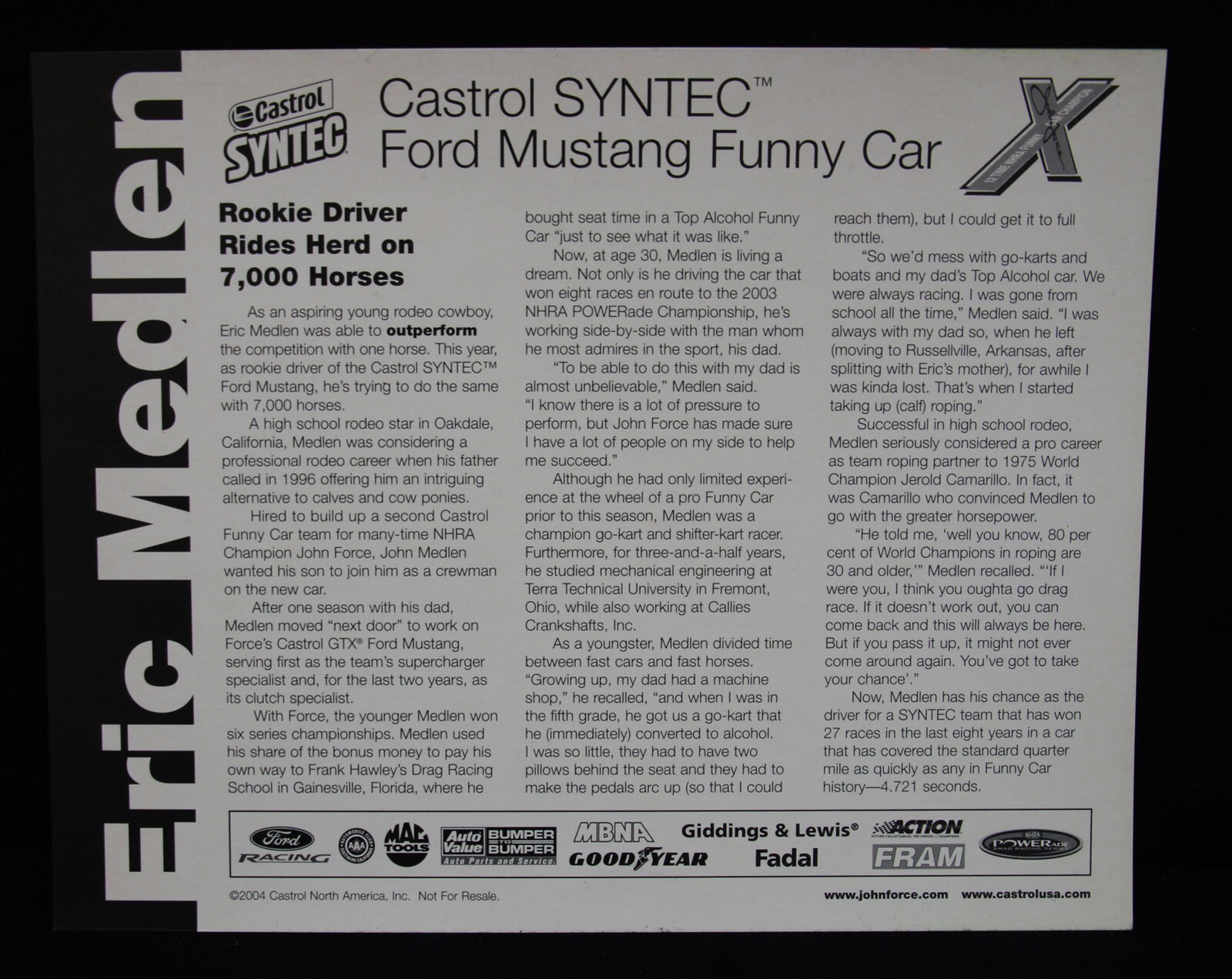 ERIC MEDLEN Autographed 2004 Pit Card PSA/DNA NHRA Funny Car Castrol Racing AUTO view 2