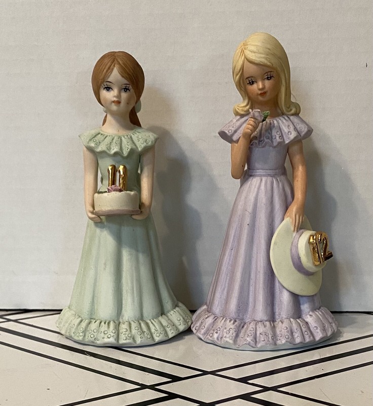 Growing Up Birthday Girls Vintage Enesco Blonde Brunette Figurines Age 11 & 12