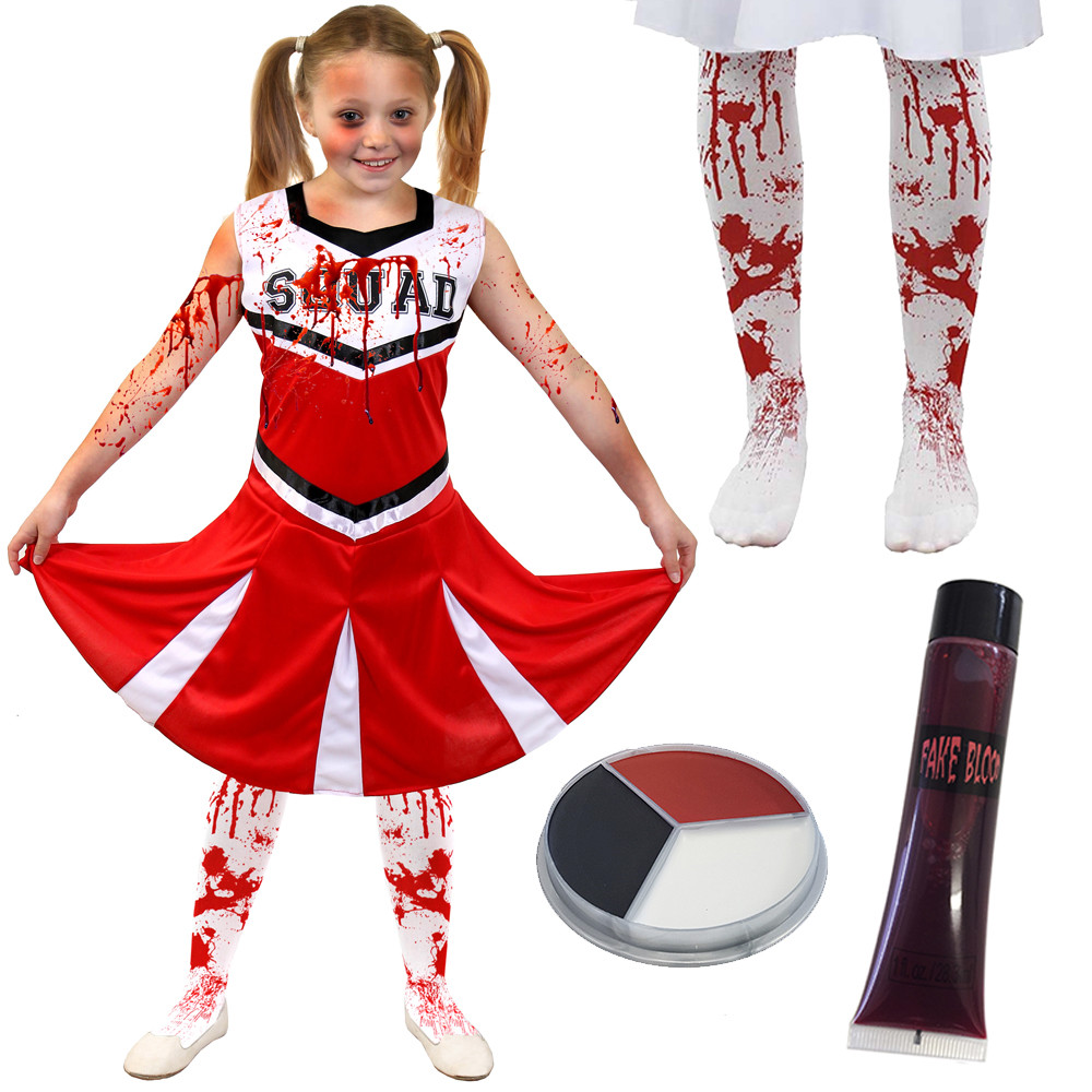 GIRLS ZOMBIE CHEERLEADER RED HALLOWEEN FANCY DRESS COSTUME KIDS DEATH