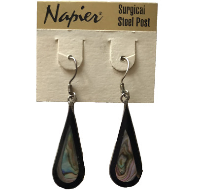 NOS Napier Abalone Onyx Dangle Earrings Boho Silvertone MEXICO Steel Posts READ