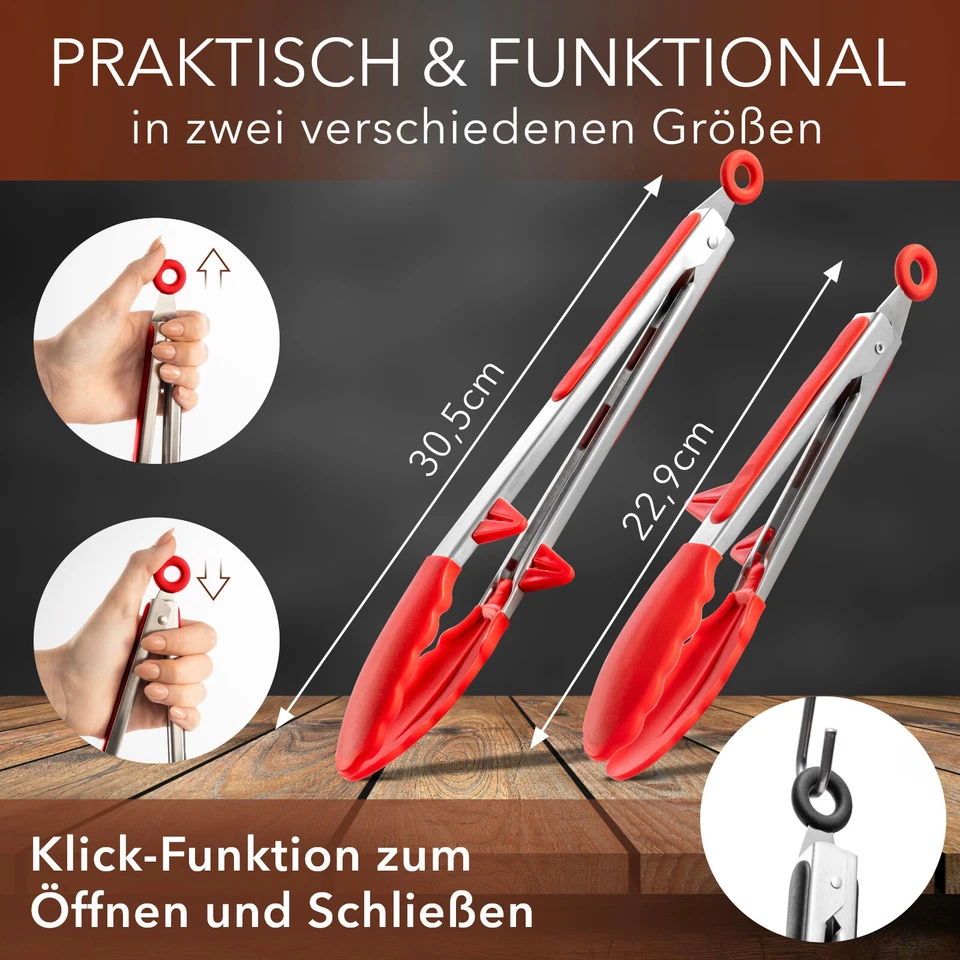 AVANA Kochzange & Grillzange Edelstahl Zange Silikon Küchenzange 2er Set - Rot - Bild 3 von 4