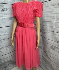 VTG 80s Talbots Joan Leslie Bright Pink Belted Party Dress Ribbed Chiffon Sz 6 P