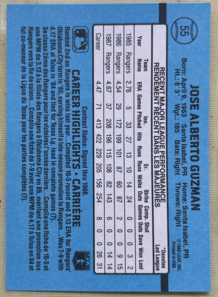 1988 Leaf Donruss Jose Guzman Card #55 Rangers Curved White Line At Bottom & O/C - Image 3 of 3