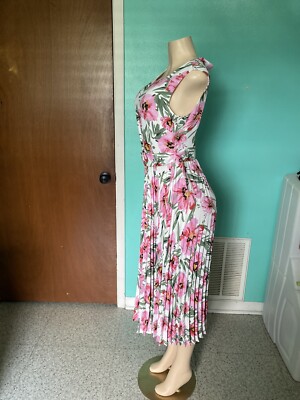 NWT Tahari Pink Green Floral Print Pleated Belted Midi Dress Size 6 | eBay