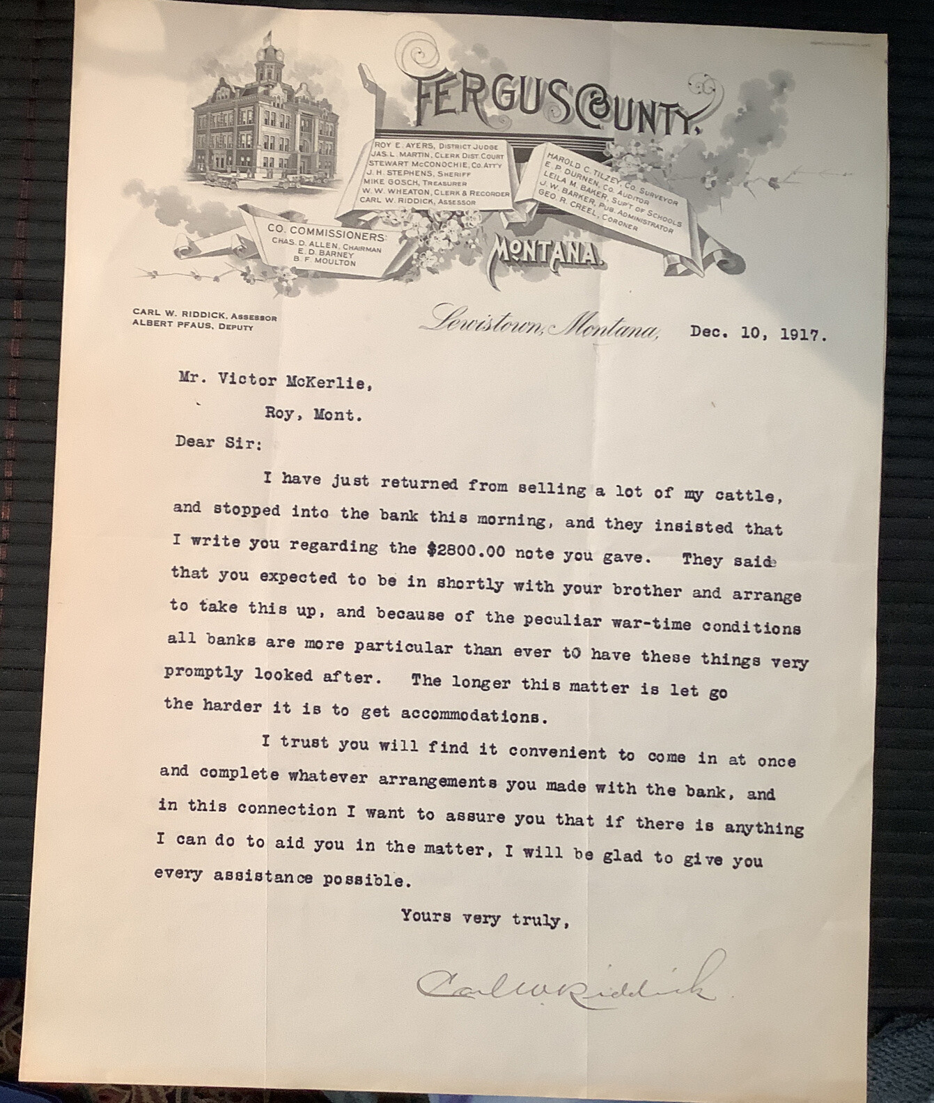 Letterhead Bank Lewistown Montana 1917 FERGUS COUNTY Assessor MT