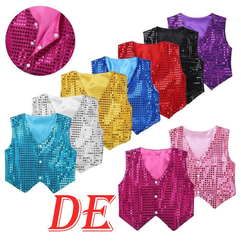 FREEBILY DE Kinder Pailletten Weste Glänzend Anzugweste V-Ausschnitt Oberteile mit Knöpfe