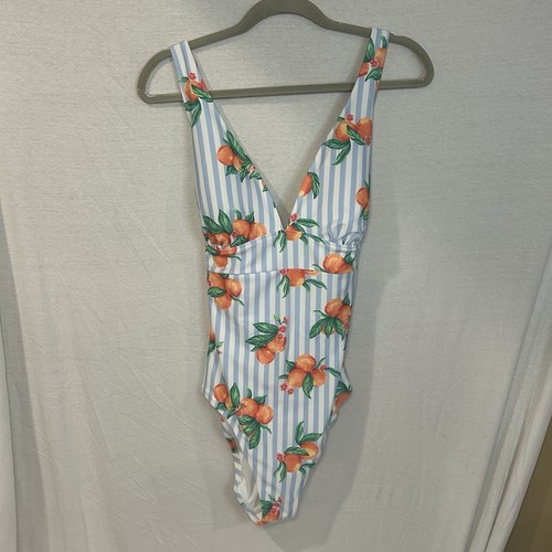 Old Navy Retro Peaches Print Blue and White Striped One Piece Swimsuit Womens L