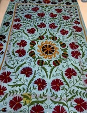Handmade Suzani Embroidered Tablecloth Floral Cotton Throw Bedspread