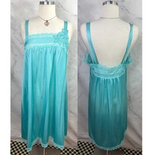 Vintage 60s Nightie Slip Dress sz L Nightgown Union Made Floral Embroidered Blue