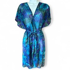 Vtg Floral Sheer Robe OS Blue Purple Short Tie 80s Fairy Flowy Whimsy Summer Hot