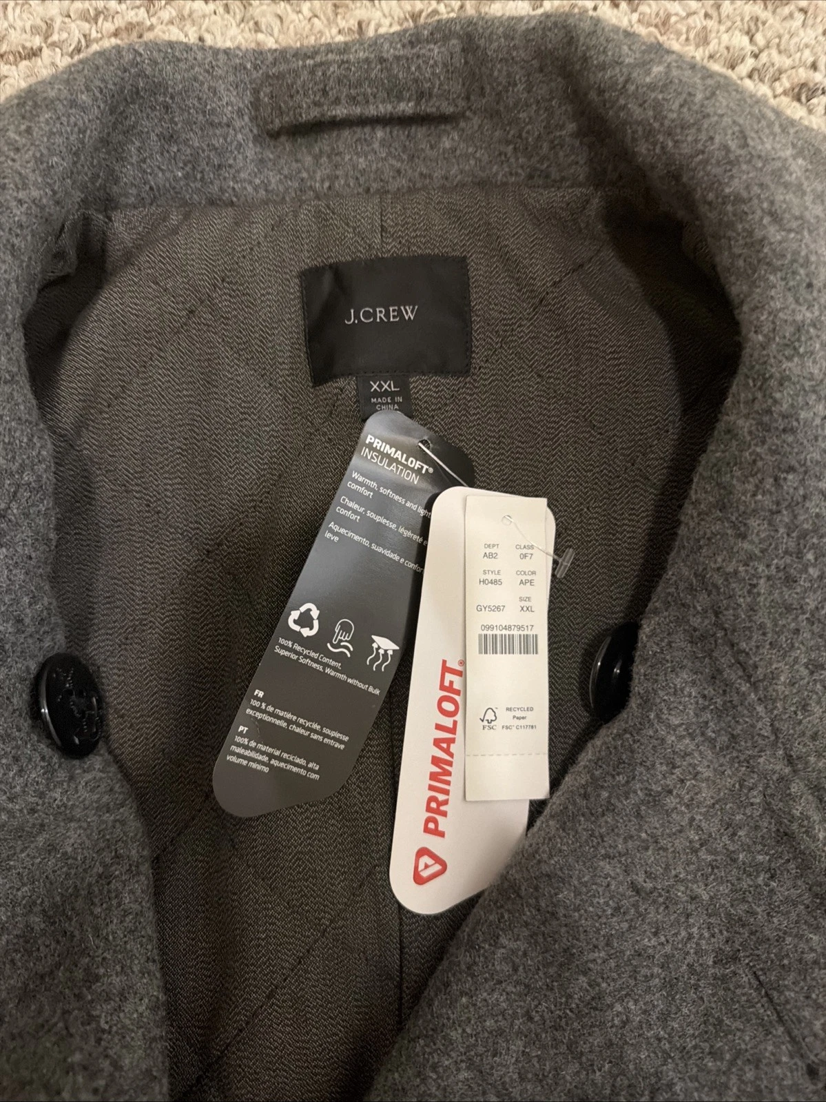 NWT $298 J.Crew Men's XXL Wool Dock Pea Coat w/PrimaLoft Antique Pewter - product detail image 2