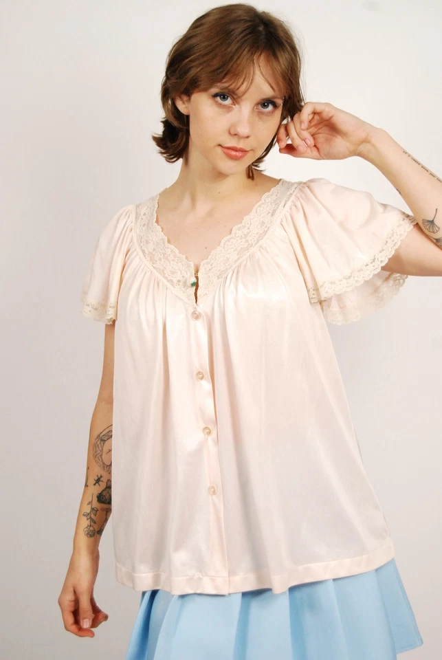 Ropa de dormir vintage rosa medio abotonada años 80 (M) coqueta delicada casa de campo Foto 4 de 4