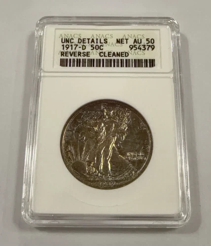1917-D Walking Liberty Half Dollar Reverse. Certified ANACS UNC Details Net AU50