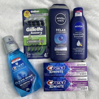 Men Essentials Bundle 6 Pack, Razor, Lotion, Body Wash, Toothpaste & Mouthwash
