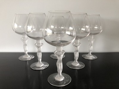 Vintage 6er Set Kristall Bayel Bacchante Wein-/Brandgläser mattiert Akt Stiel