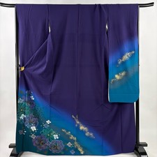 JAPANESE KIMONO FURISODE BLUE PURPLE 167.5cm 5 ft 6 in PURE SILK B1119