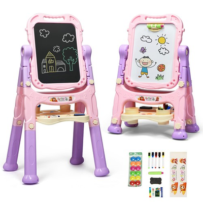 #ad Height Adjustable Kids Art Easel Magnetic Double Sided Board w Accessories Pink $52.99
