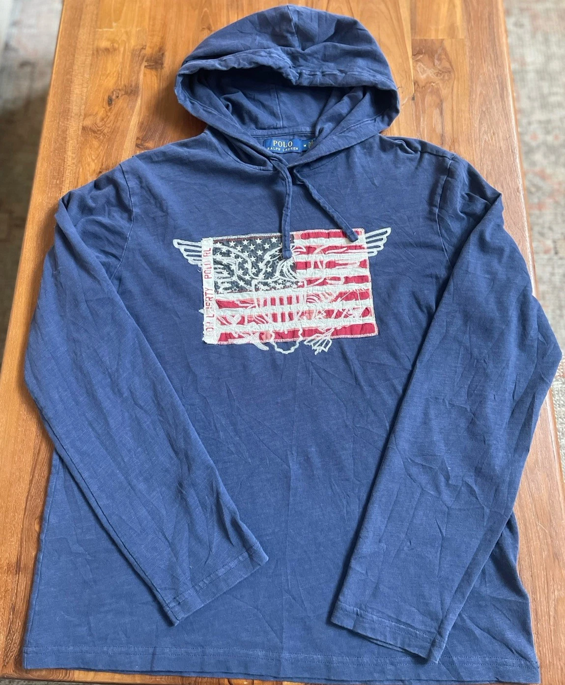 Polo Ralph Lauren Shirt Mens M Blue Cotton Hooded Liberty USA Flag eagle patch