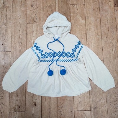 Diesel Beige & Blau 80% Wolle Grobstrick Bommel Hoodie Boho Fairisle Azteken   M