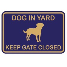 Classic Framed Dog in Yard Keep Gate Closed Wall Sign Navy Blue/Gold Small