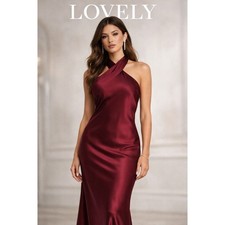 Precioso Maxi Vestido Cabernet Satinado Halter LB025 Entrecruzado Atado Espalda Vestido Formal S