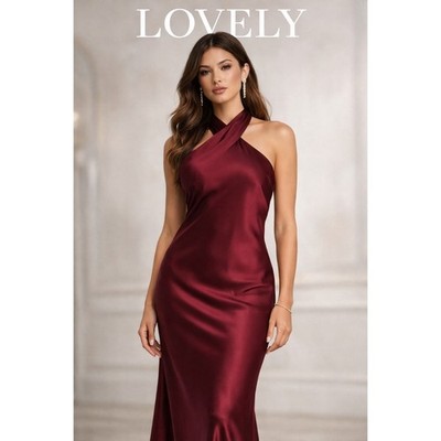 Lovely Cabernet Satin Halter Maxi Dress LB025 Crisscross Tie Back Formal Gown S
