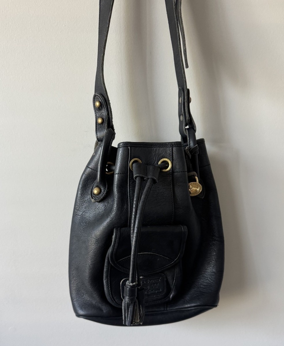 Vintage Dooney Bourke Black Drawstring Bucket Bag Tassel Brass Hardware  Purse