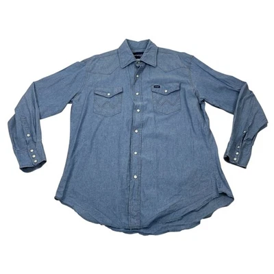 Wrangler Bleu Vintage Jean Western Chemise L Pearl Snap Bouton Pression Cow-Boy - Photo 1/4