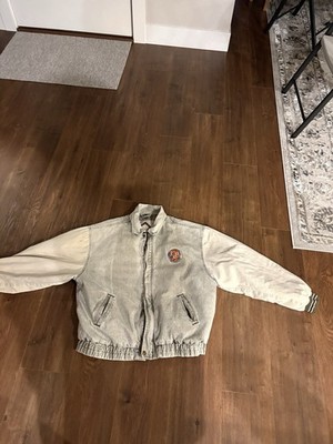 Varsity Embroidered Logo Gray Beige Zip Snap Varsity Jacket Stand Collar Pockets