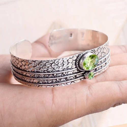 Peridot Cut, Gemstone Bracelet 925 Sterling Silver Handmade Man's Cuff Jewelry - Picture 3 of 6