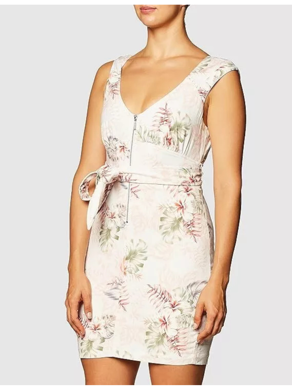 GUESS Womens White Belted Open Back Lined Sleeveless Short Sheath Dress 4