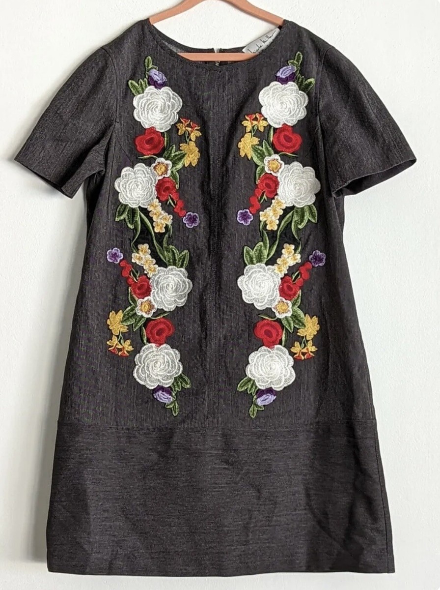 nicole miller denim dress New York Sz 6 Embroidered Floral Style Shift A Line s sculpting fit of this Black Brides Stories XXX black prom dress Color:LOLA BLUE Strapless denim mini