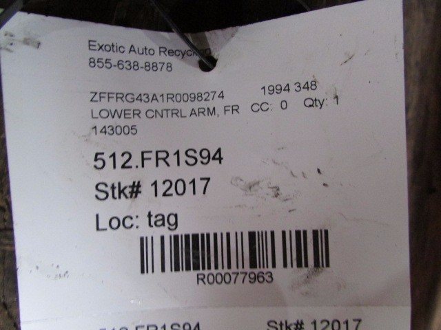 Ferrari 348, Mondial, Testarossa, Front Lower Control Arm, Used, P/N 143005