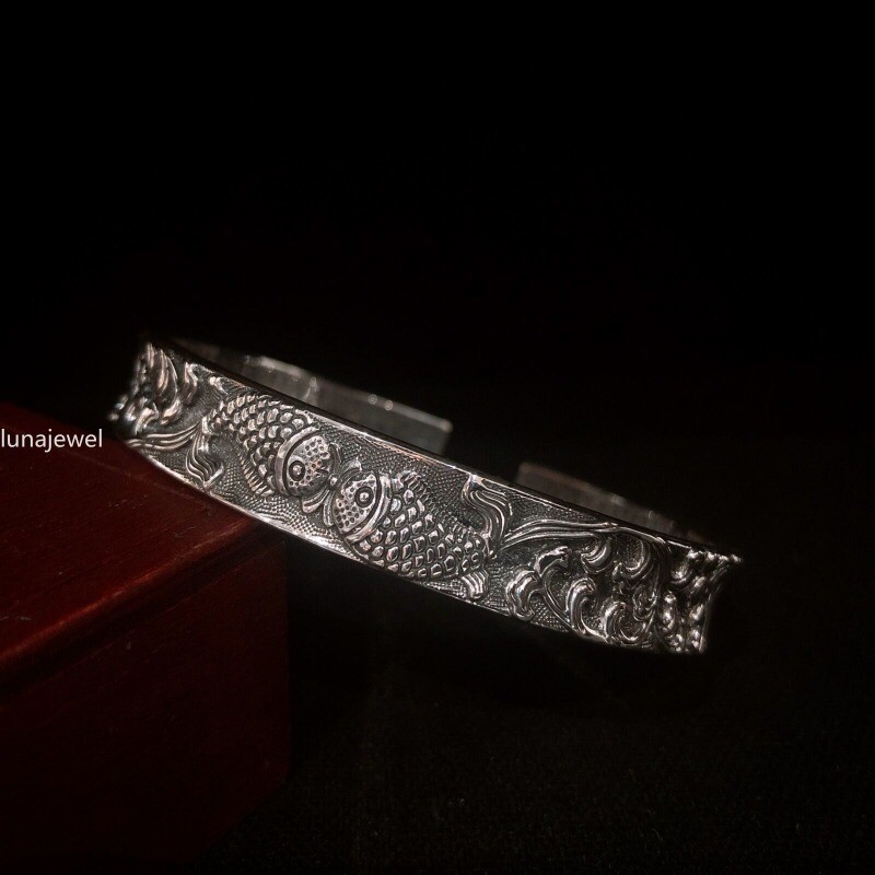 Pure S999 Sterling Silver 999 Vintage Carp Fish Wide Bracelet